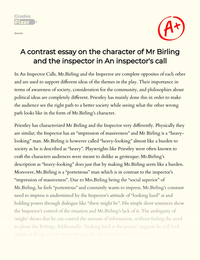 Comparison of The Characters of Mr Birling and The Inspector in an Inspector Calls Essay