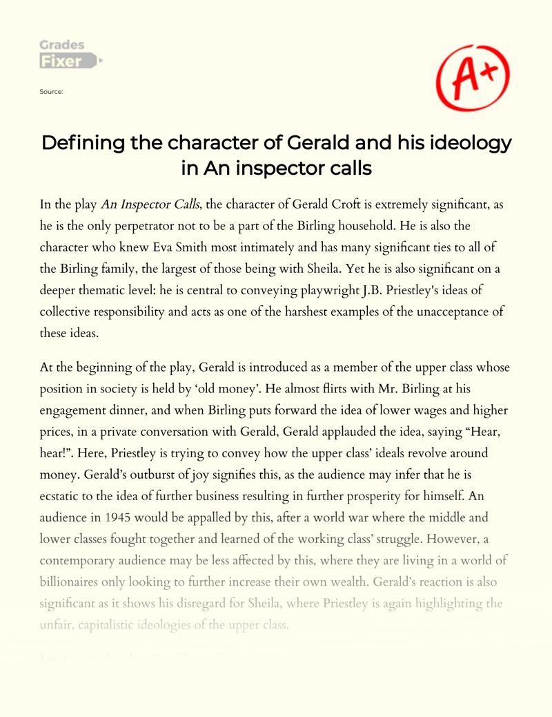 Defining The Character of Gerald and His Ideology in an Inspector Calls essay