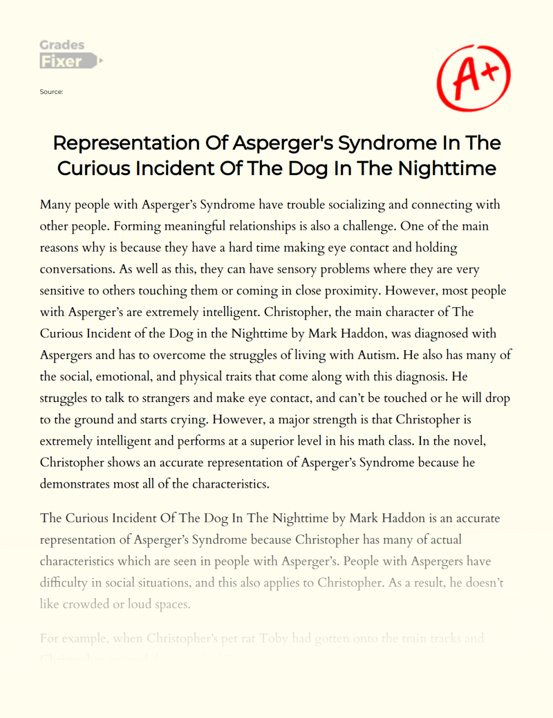 Representation of Asperger's Syndrome in The Curious Incident of The Dog in The Nighttime Essay