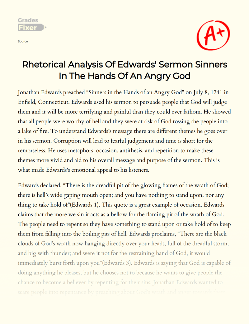 Sinners in The Hands of an Angry God: Rhetorical Analysis Essay