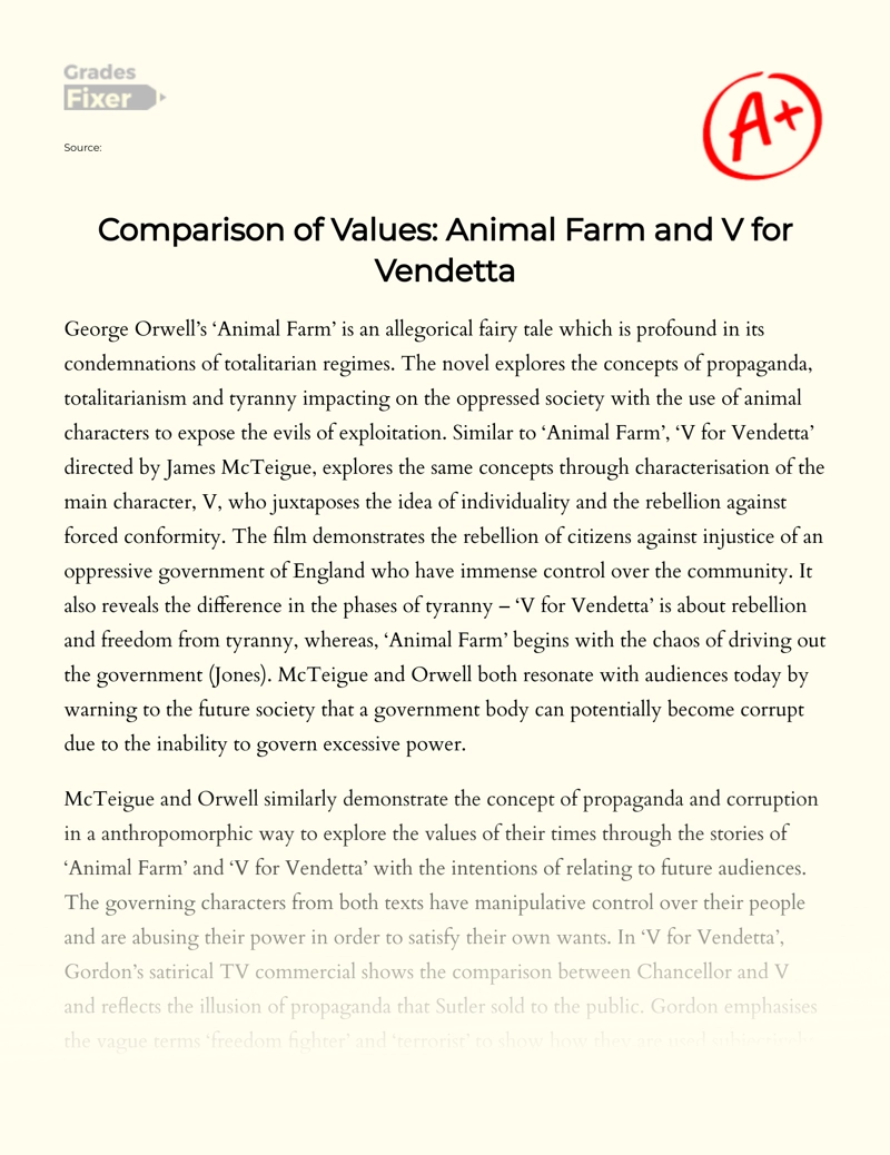Comparison of Values: Animal Farm and V for Vendetta essay