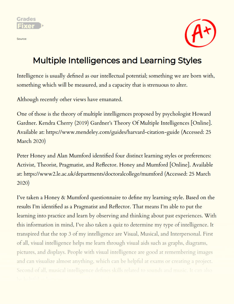 Multiple Intelligences and Learning Styles Essay