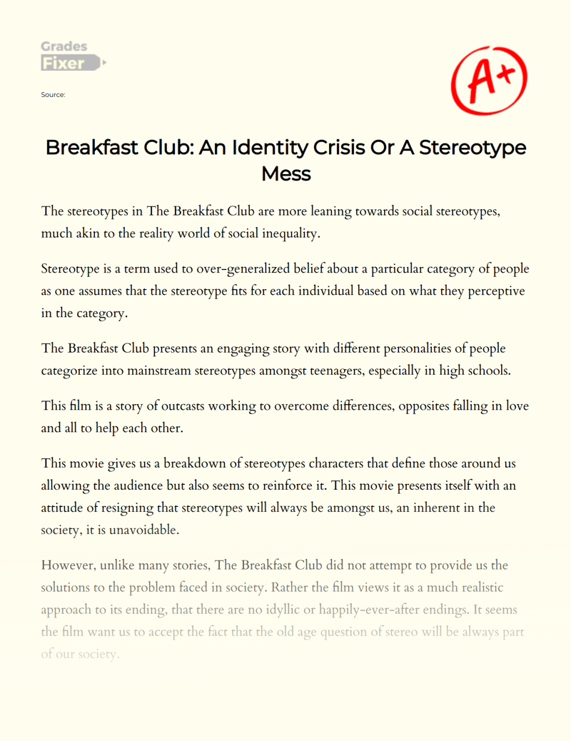 Breakfast Club: an Identity Crisis Or a Stereotype Mess Essay