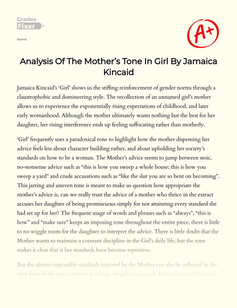 Analysis of The Mother’s Tone in Girl by Jamaica Kincaid Essay