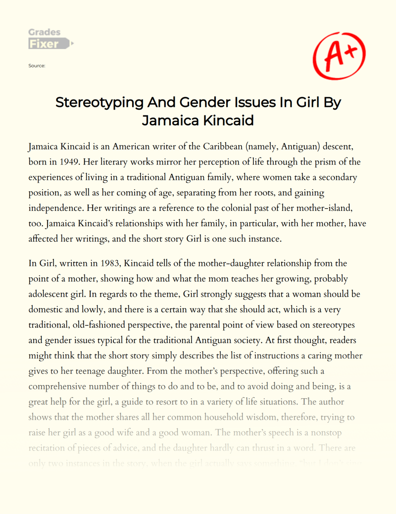Stereotyping and Gender Issues in Girl by Jamaica Kincaid Essay