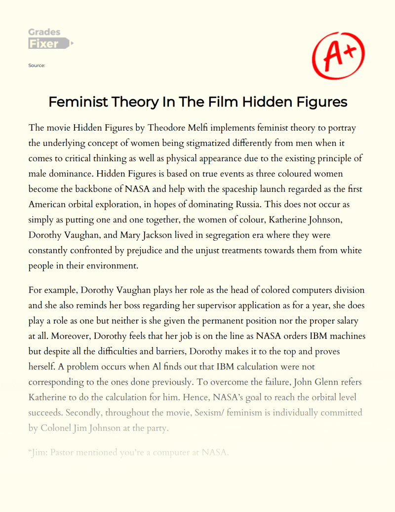 Feminist Theory in The Film Hidden Figures Essay