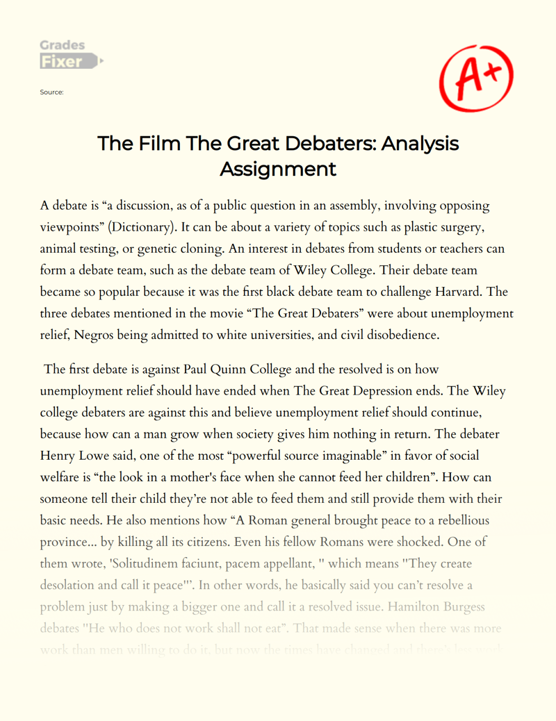 The Film The Great Debaters: Analysis Assignment  Essay