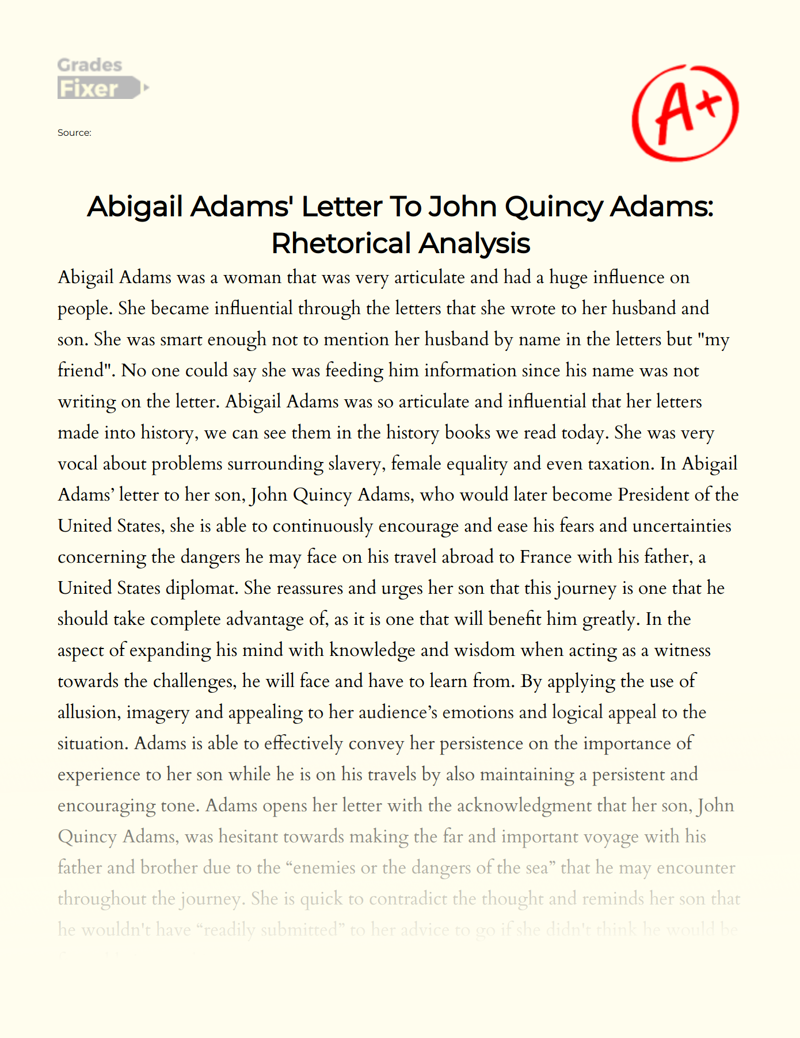 Abigail Adams' Letter to John Quincy Adams: Rhetorical Analysis Essay