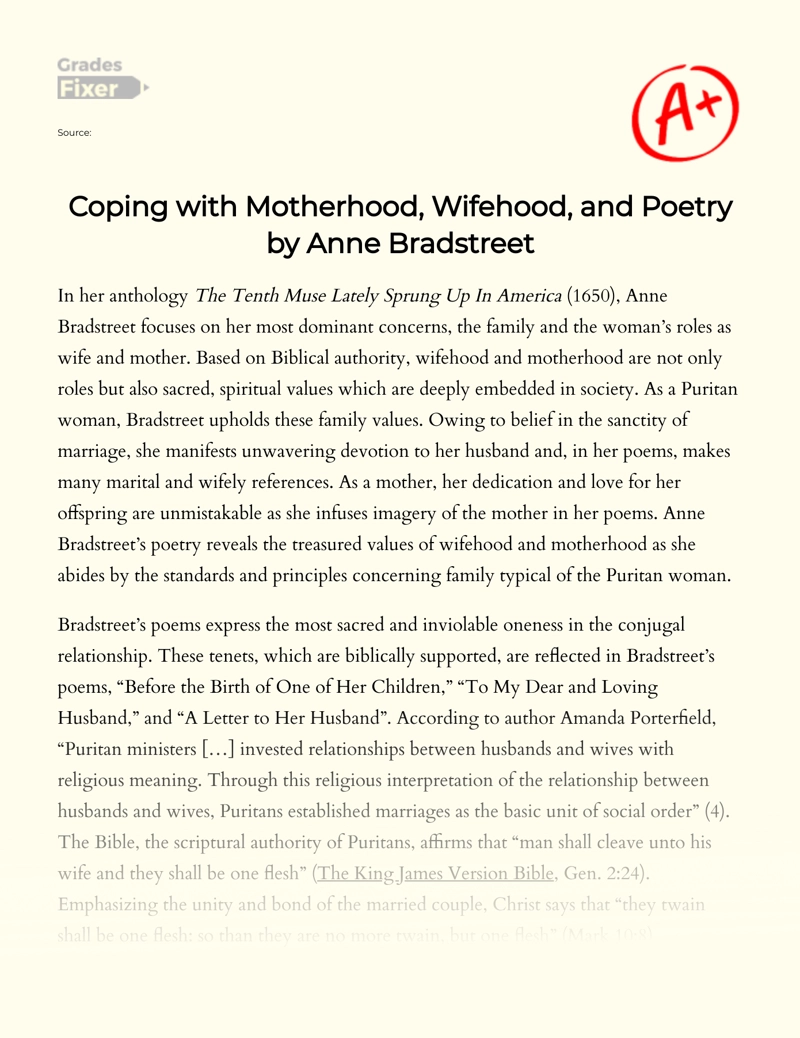 Coping with Motherhood, Wifehood, and Poetry by Anne Bradstreet Essay