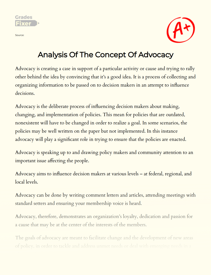 Analysis of The Concept of Advocacy Essay