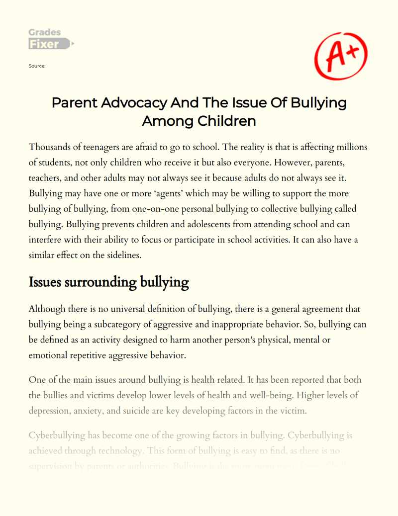 Parent Advocacy and The Issue of Bullying Among Children Essay