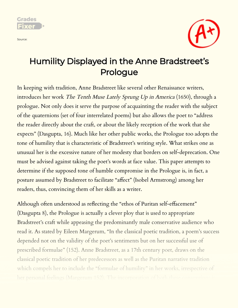 Humility Displayed in The Anne Bradstreet’s Prologue Essay