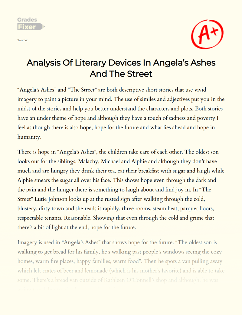 The Depiction of The Theme of Hope in "Angela’s Ashes" and "The Street" Essay