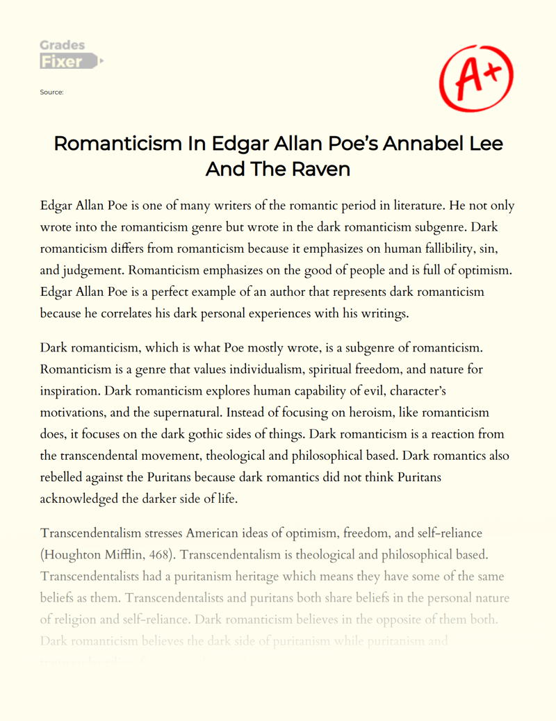 Romanticism in Edgar Allan Poe’s Annabel Lee and The Raven Essay