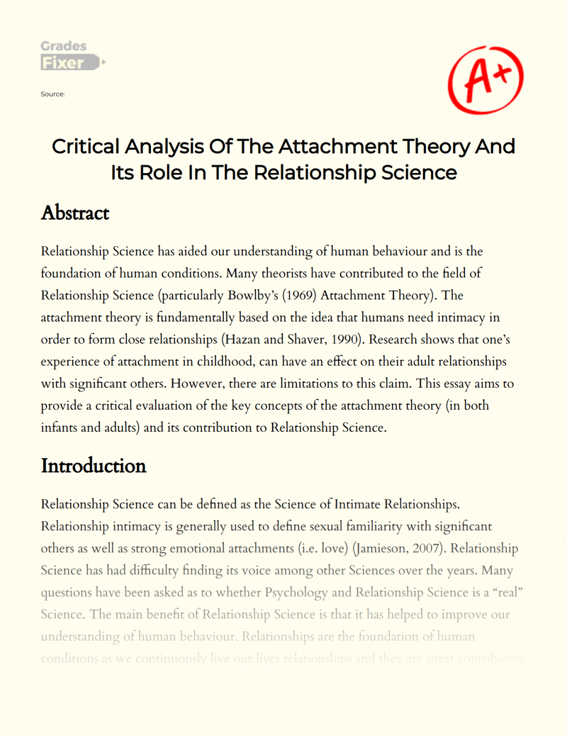 Critical Analysis of The Attachment Theory and Its Role in The Relationship Science Essay