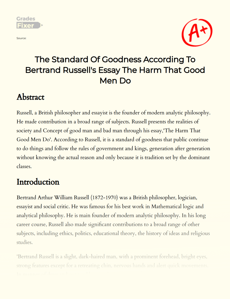 The Standard of Goodness According to Bertrand Russell's Essay The Harm that Good Men Do Essay