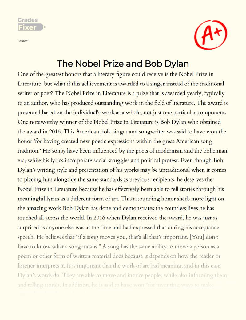 Bob Dylan Nobel Prize: Redefining Literary Excellence in Music Essay
