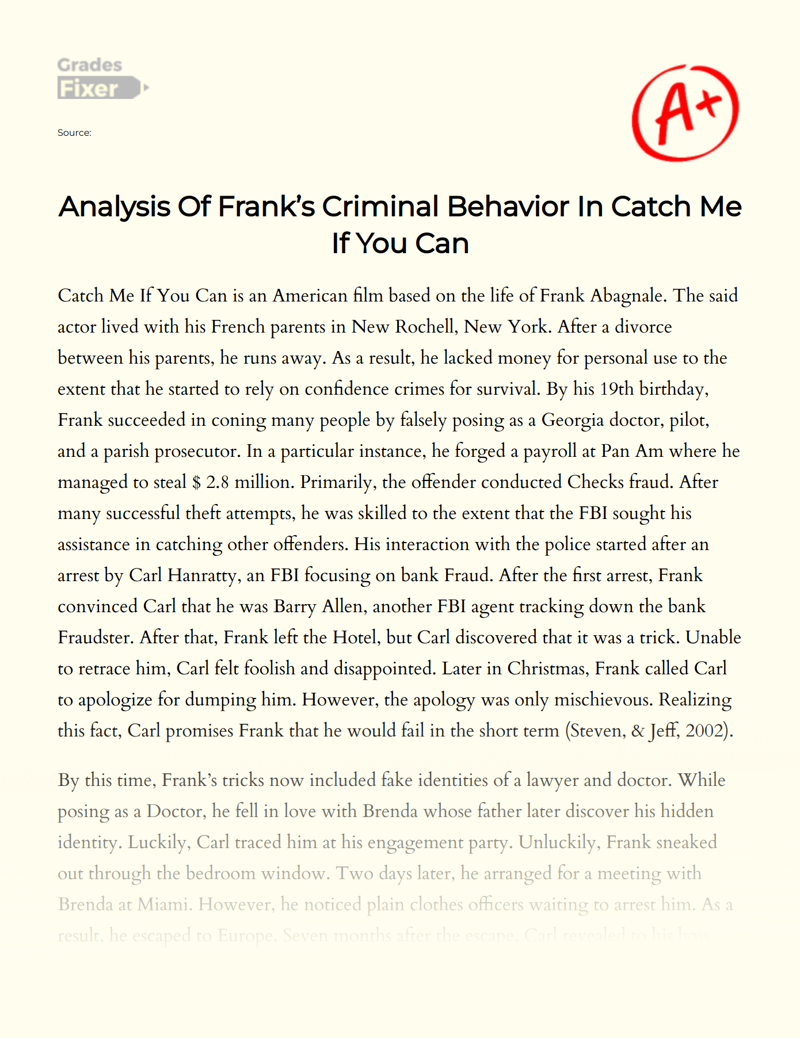 Analysis of Frank’s Criminal Behavior in Catch Me if You Can Essay