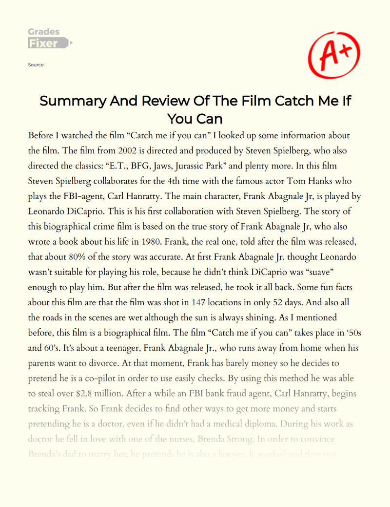 Summary and Review of The Film Catch Me if You Can Essay