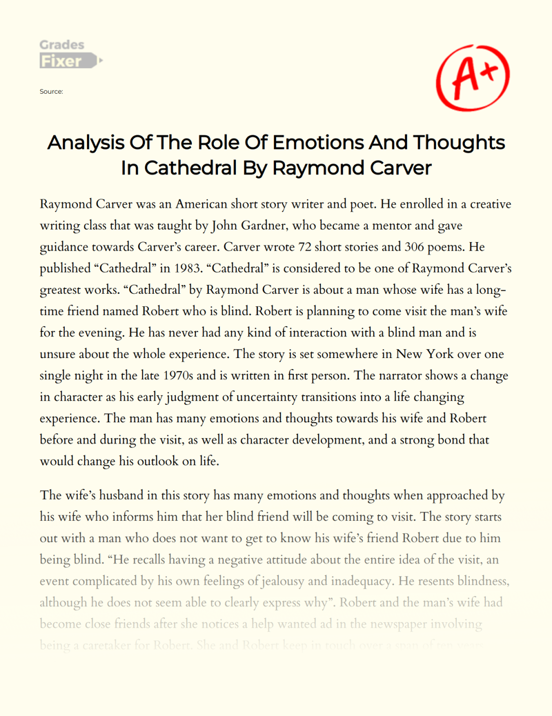 Analysis of The Role of Emotions and Thoughts in Cathedral by Raymond Carver Essay