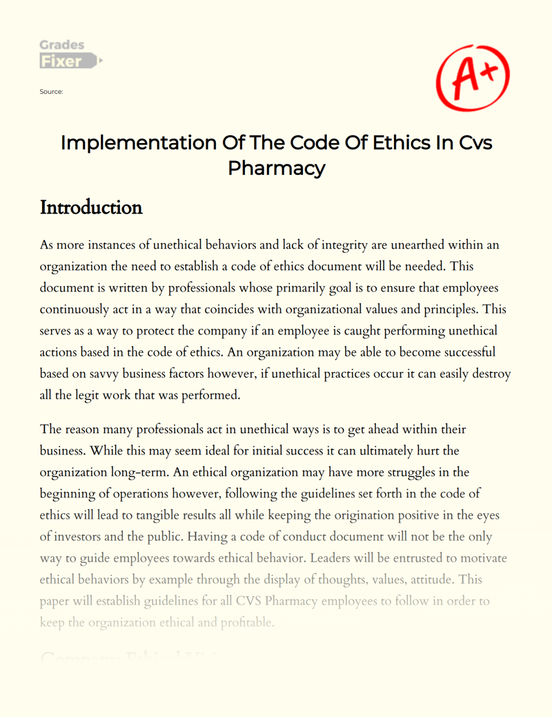 Implementation of The Code of Ethics in Cvs Pharmacy Essay