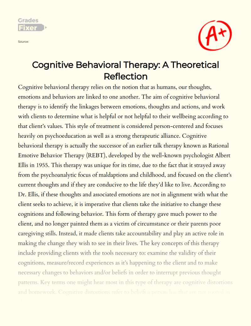 Cognitive Behavioral Therapy: a Theoretical Reflection Essay