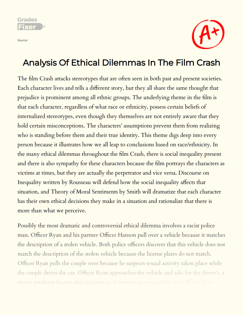 Analysis of Ethical Dilemmas in The Film Crash Essay