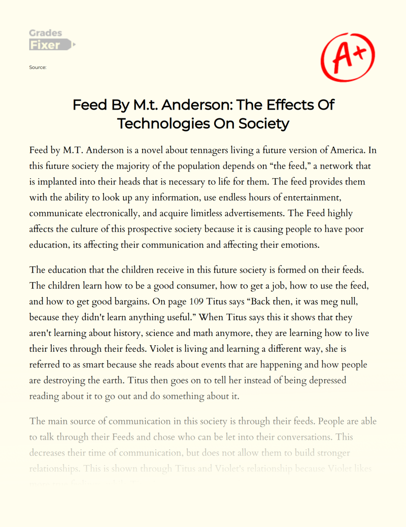 Feed by M.t. Anderson: The Effects of Technologies on Society Essay