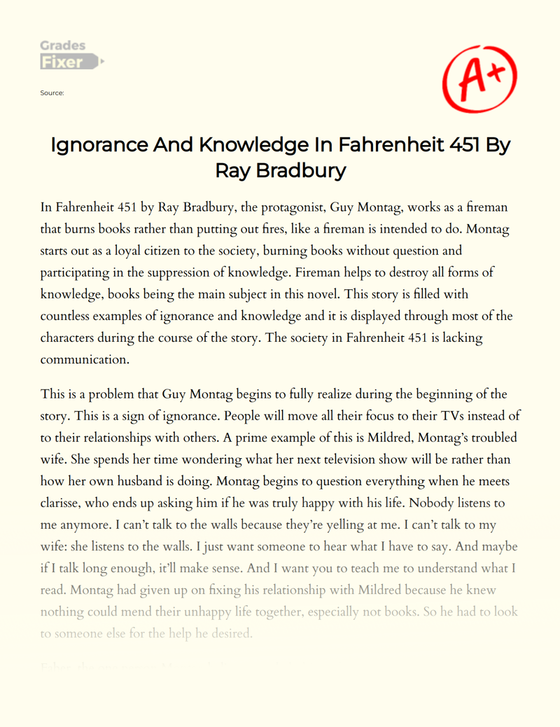 Ignorance and Knowledge in Fahrenheit 451 by Ray Bradbury Essay