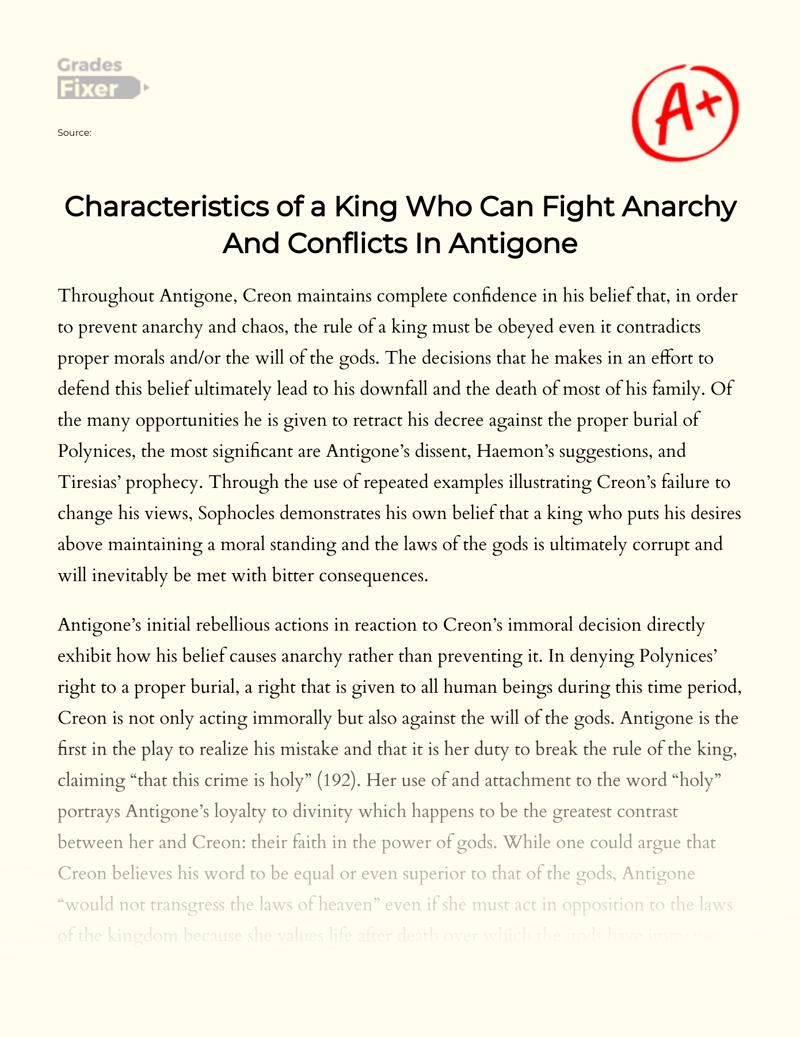 Characteristics of a King Who Can Fight Anarchy and Conflicts in Antigone essay