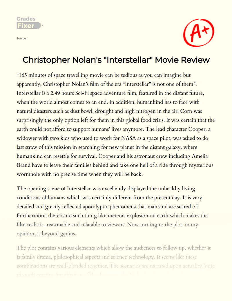 Christopher Nolan's "Interstellar" Movie Review Essay