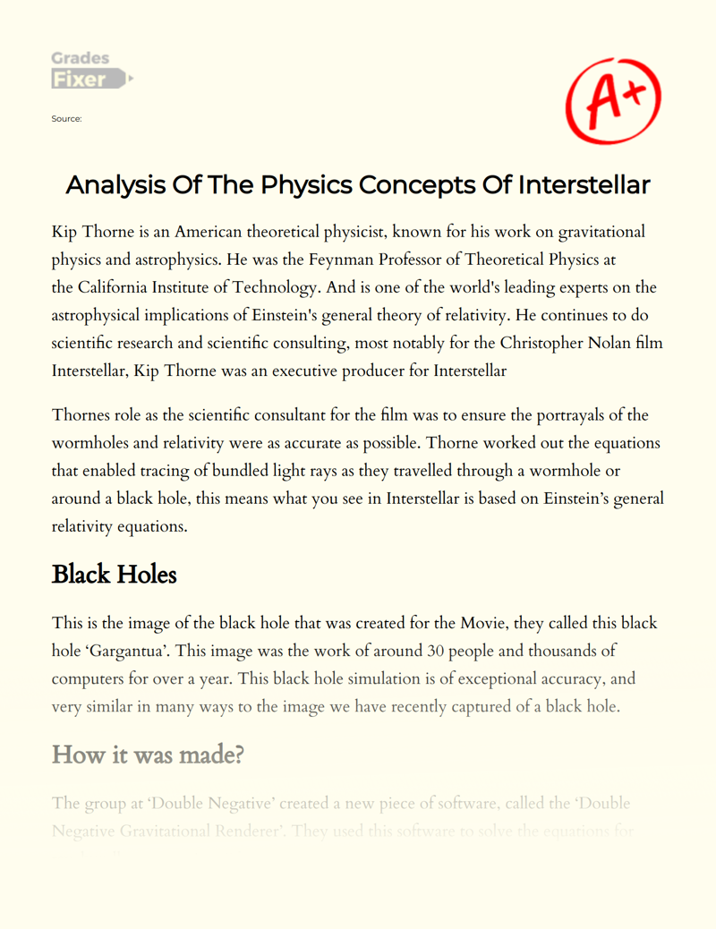 Analysis of The Physics Concepts of Interstellar Essay