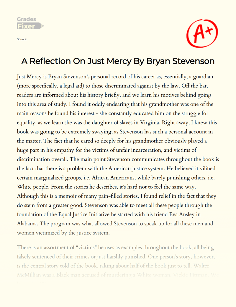 A Reflection on Just Mercy by Bryan Stevenson Essay