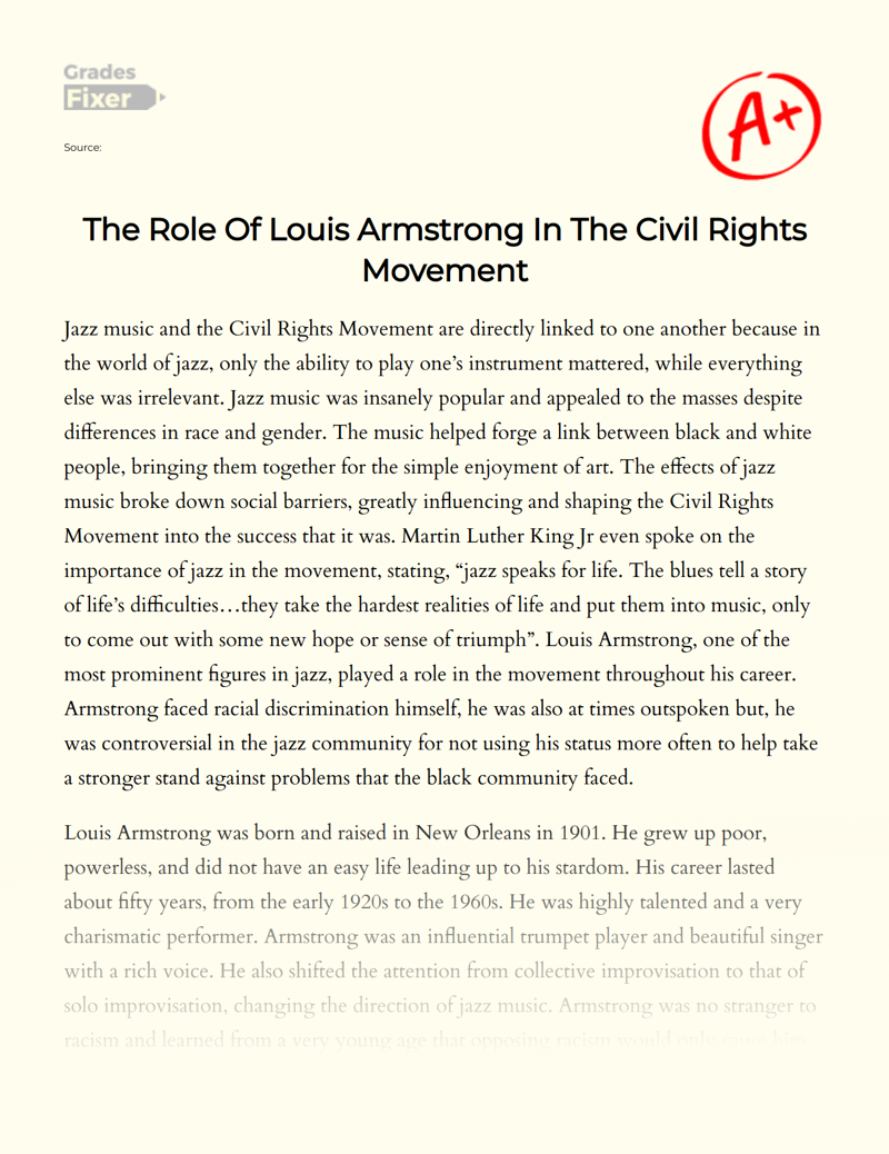 The Role of Louis Armstrong in The Civil Rights Movement Essay