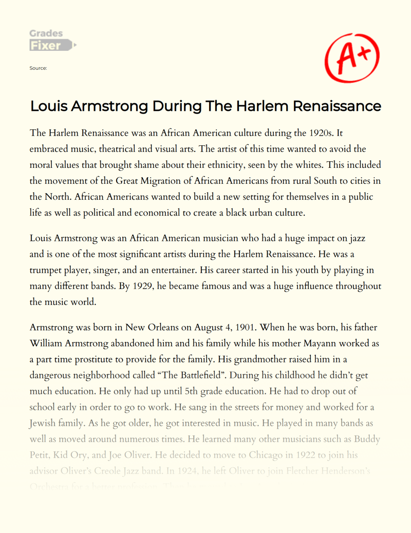 Louis Armstrong During The Harlem Renaissance Essay