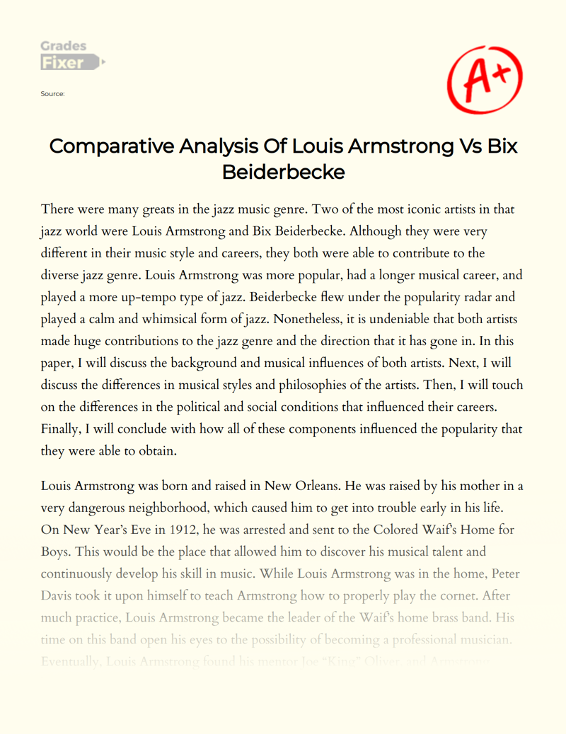 Comparative Analysis of Louis Armstrong Vs Bix Beiderbecke Essay