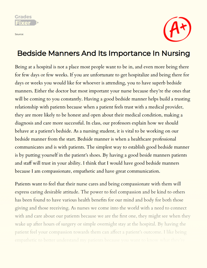 Bedside Manners and Its Importance in Nursing Essay