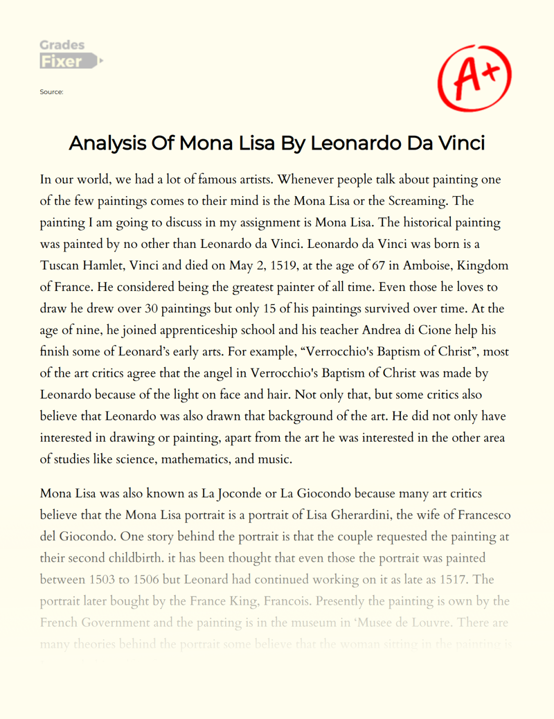 Analysis of Mona Lisa by Leonardo Da Vinci Essay