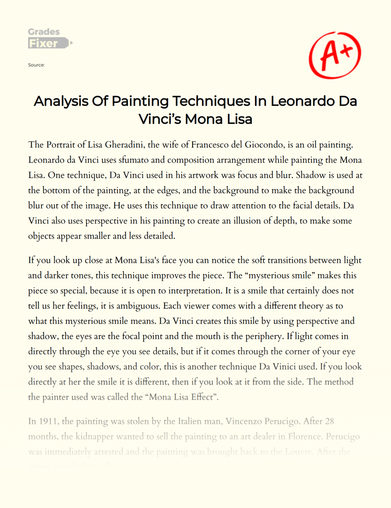 Analysis of Painting Techniques in Leonardo Da Vinci’s Mona Lisa Essay