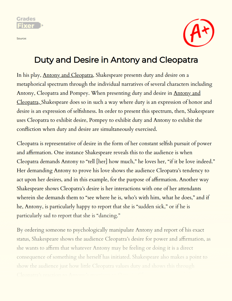 Duty and Desire in Antony and Cleopatra Essay