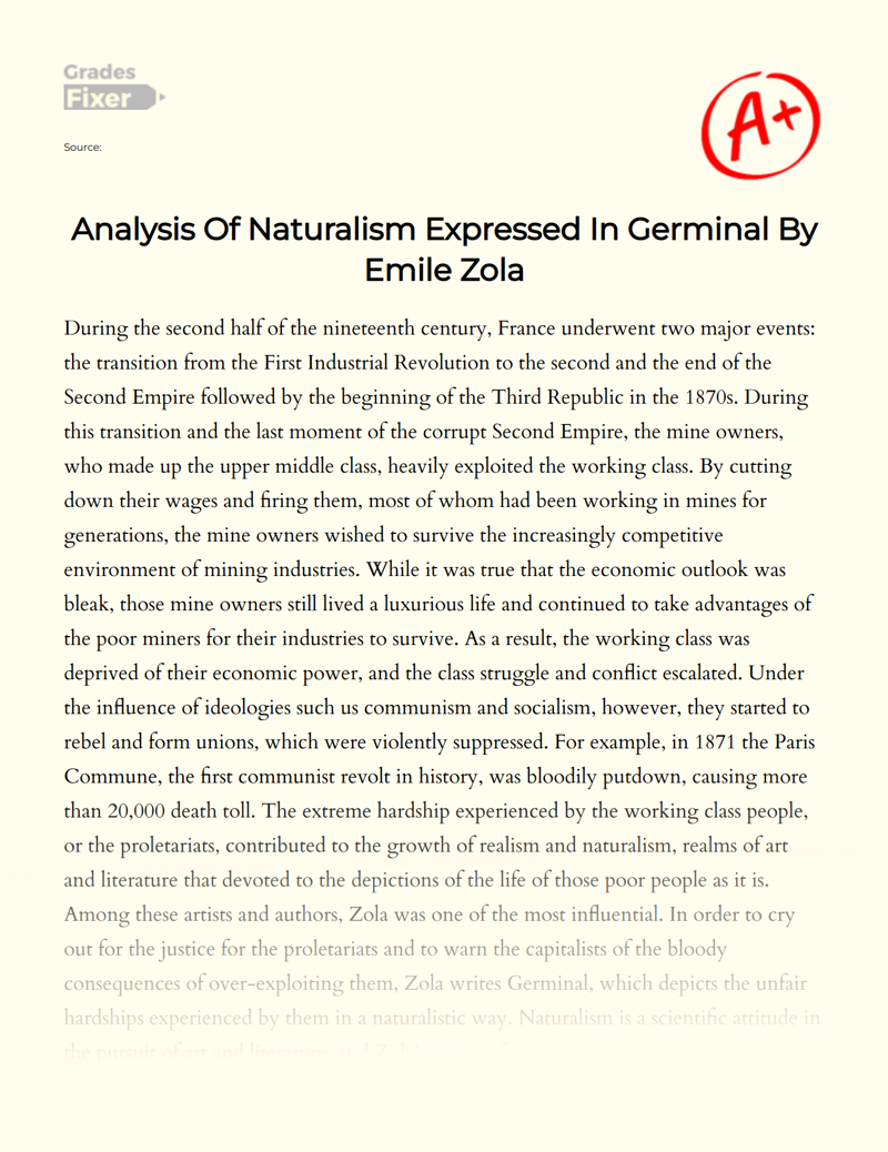 Analysis of Naturalism Expressed in Germinal by Emile Zola Essay