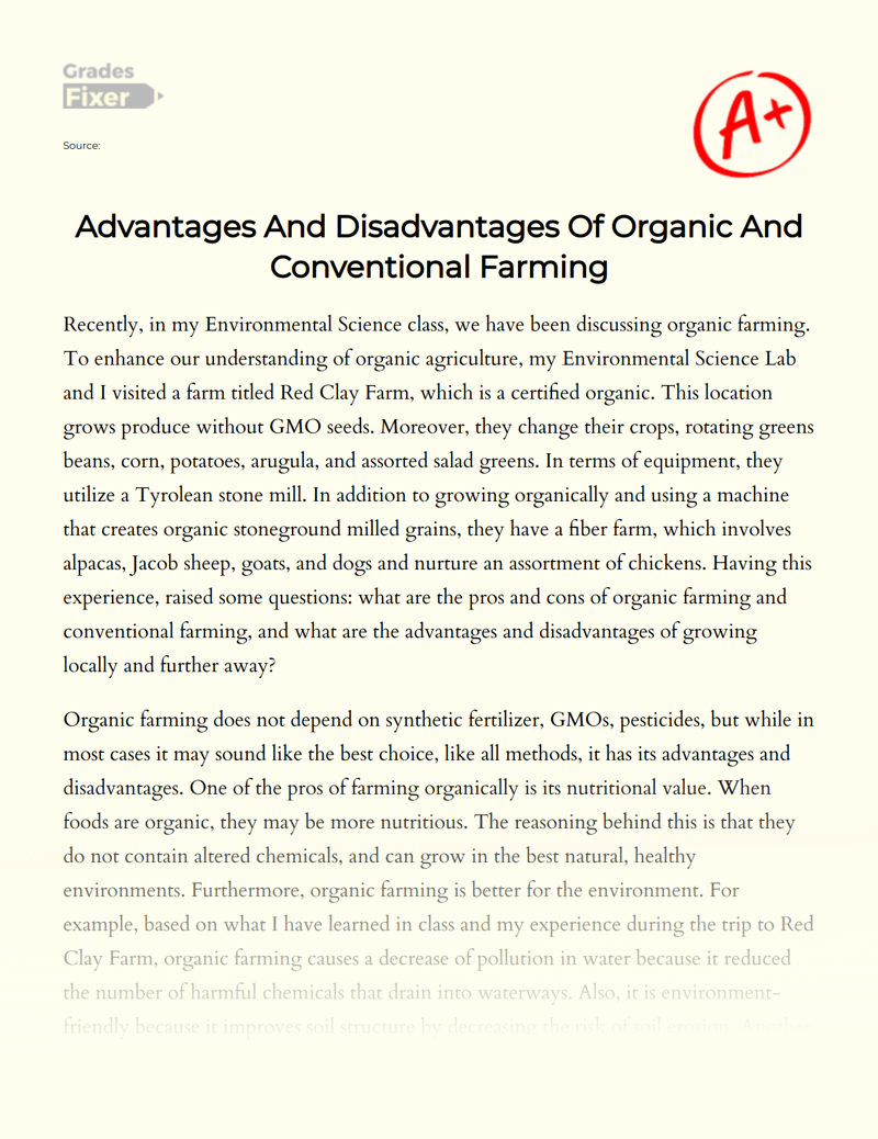 Advantages and Disadvantages of Organic and Conventional Farming Essay