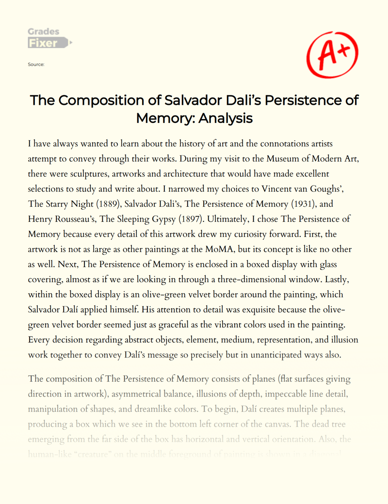 The Composition of Salvador Dali’s Persistence of Memory: Analysis Essay