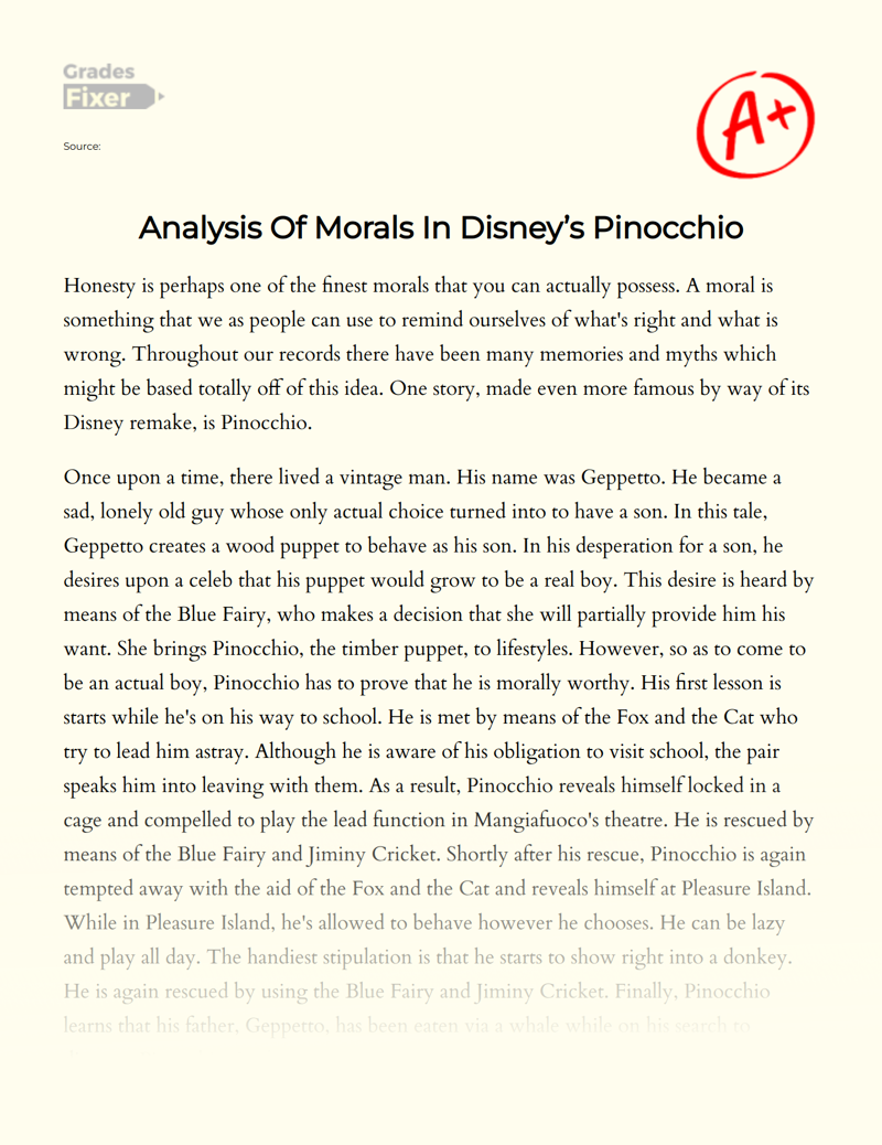 Analysis of Morals in Disney’s Pinocchio Essay