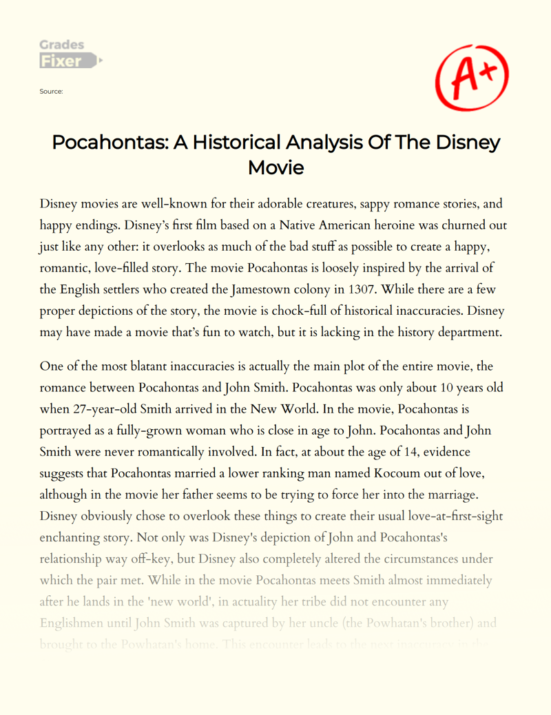 Pocahontas: a Historical Analysis of The Disney Movie Essay