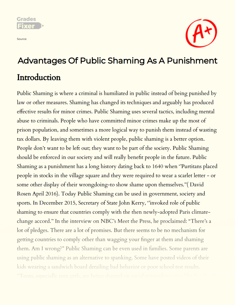 Advantages of Public Shaming as a Punishment Essay