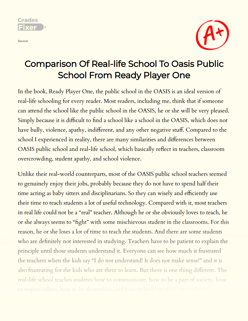 Comparison of Real-life School to Oasis Public School from Ready Player One Essay