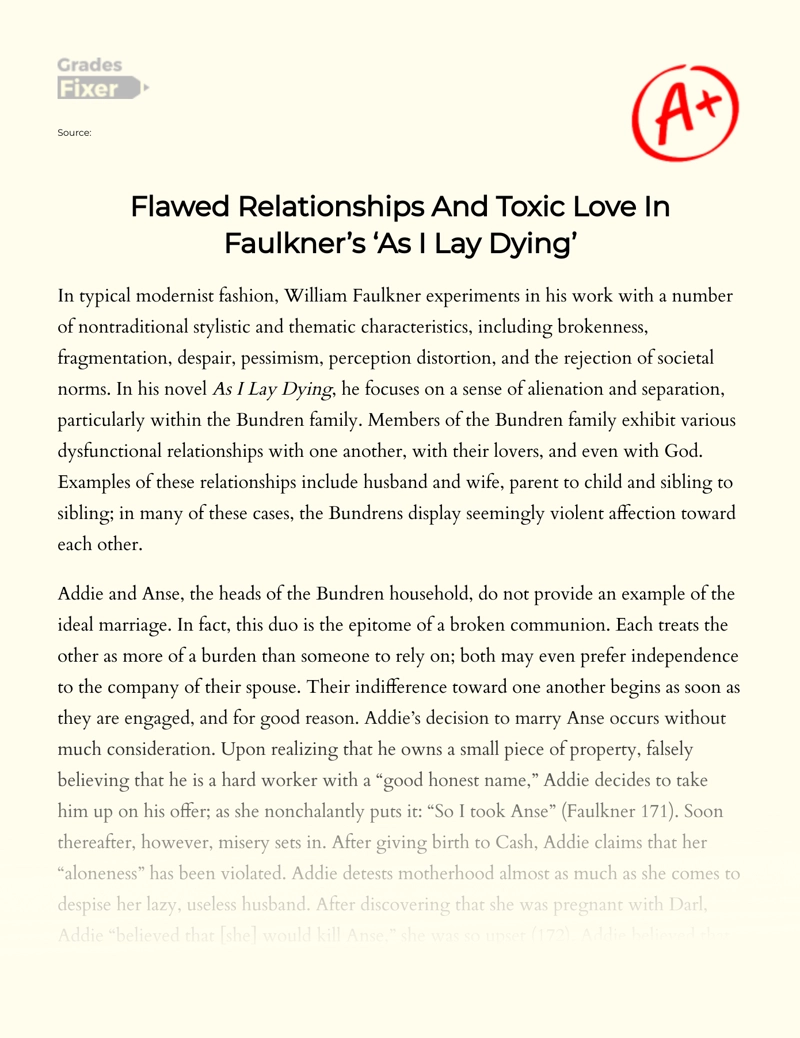 Flawed Relationships and Toxic Love in Faulkner’s "As I Lay Dying" Essay