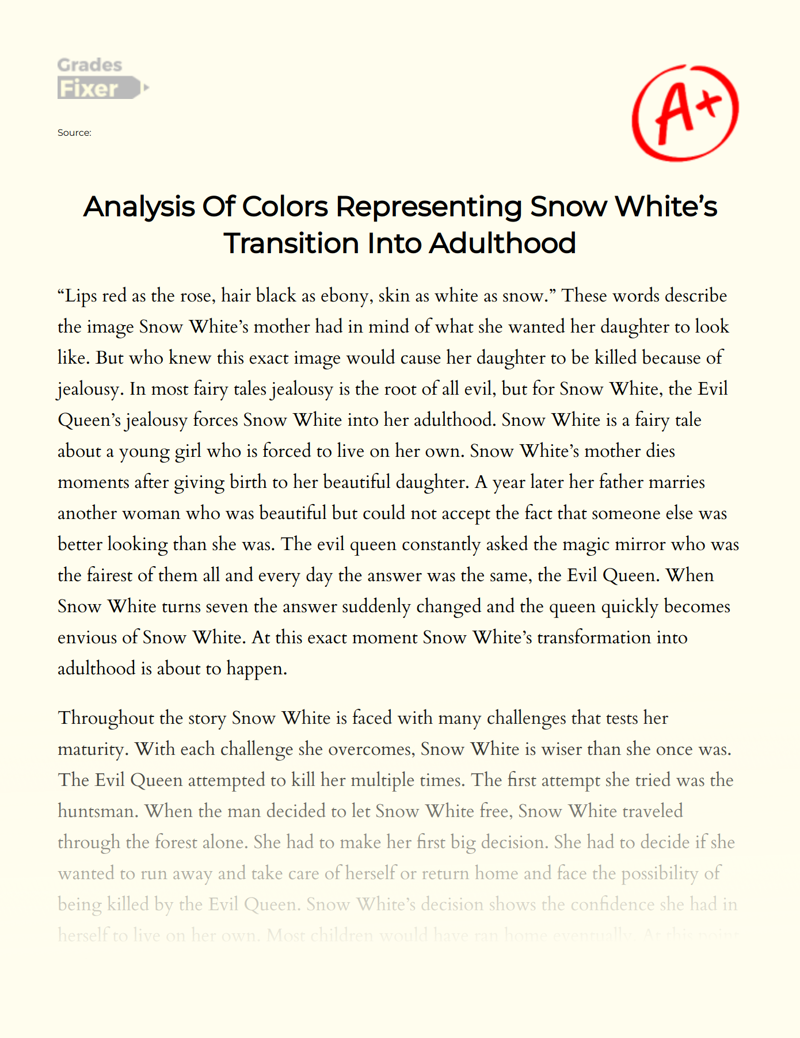 Analysis of Colors Representing Snow White’s Transition into Adulthood Essay