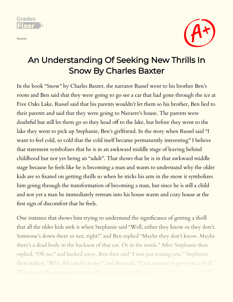 An Understanding of Seeking New Thrills in Snow by Charles Baxter Essay